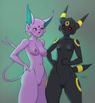  anthro areola black_body black_eyes black_fur black_nipples breasts casual_nudity croxot duo eeveelution espeon eyebrows female fur genitals hand_on_hip looking_at_another looking_at_viewer medium_breasts navel nintendo nipples nude open_mouth pok&eacute;mon pok&eacute;mon_(species) purple_body purple_fur purple_nipples purple_sclera pussy red_sclera small_breasts standing umbreon video_games white_eyes 