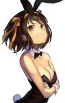  1girl animal_ears bare_arms bare_shoulders black_bow black_bowtie black_leotard bow bowtie breasts brown_eyes brown_hair cleavage closed_mouth collarbone crossed_arms detached_collar fake_tail floating_hair from_side hair_ribbon hairband leotard medium_breasts medium_hair nasubin_(user_tjyp5584) orange_hairband orange_ribbon playboy_bunny rabbit_ears rabbit_tail ribbon simple_background smile solo strapless strapless_leotard suzumiya_haruhi suzumiya_haruhi_no_yuuutsu tail white_background wrist_cuffs 