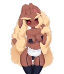  1girl :3 absurdres animal_ears animal_nose apron bikini black_bikini black_sclera blush body_fur breasts brown_fur cameltoe closed_mouth colored_sclera commentary cowboy_shot furry furry_female garter_straps hands_up happy highres looking_at_viewer lopunny medium_breasts navel pokemon pokemon_(creature) rabbit_ears rabbit_girl red_eyes shiny shiny_skin skindentation smile solo standing stomach string_bikini swimsuit thigh_gap thighhighs transparent_background two-tone_fur waist_apron white_apron yellow_fur yyyy_(pixiv_77913224) 