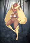  1girl :3 absurdres animal_ears animal_nose bare_shoulders black_sclera blurry blurry_background blush body_fur breasts brown_fur bush cameltoe catree_(pixiv_59830912) clothed_pokemon collarbone colored_sclera commentary english_commentary forest full_body furry furry_female grass half-closed_eyes hand_on_own_chest hand_up happy highres large_breasts leg_up looking_at_viewer lopunny nature navel one-piece_swimsuit open_mouth outdoors pokemon pokemon_(creature) rabbit_ears rabbit_girl rabbit_tail red_eyes see-through shiny shiny_skin slingshot_swimsuit smile solo standing standing_on_one_leg stomach swimsuit tail tree two-tone_fur white_swimsuit wide_hips yellow_fur 