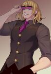  1boy bangs black_shirt blonde_hair commentary fate/grand_order fate_(series) holding long_hair long_sleeves necktie open_mouth patterned_clothing pink_necktie sakata_kintoki_(fate) shirt smile sunglasses waistcoat zanshi 