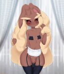  1boy :3 absurdres animal_ears animal_nose apron bikini black_bikini black_sclera blurry blurry_background blush body_fur brown_fur closed_mouth colored_sclera commentary cowboy_shot crossdressing curtains furry furry_male garter_straps grey_background hands_up happy highres looking_at_viewer lopunny male_focus navel otoko_no_ko penis pokemon pokemon_(creature) rabbit_boy rabbit_ears red_eyes shiny shiny_skin skindentation smile solo standing stomach string_bikini swimsuit testicles thighhighs two-tone_fur waist_apron white_apron yellow_fur yyyy_(pixiv_77913224) 