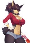  2022 anthro big_breasts black_body black_fur black_hair blue_eyes bottomwear breasts canid canine canis cleavage clothed clothing crossgender cutoffs daisy_dukes denim denim_clothing female fur gloves guntz hair hand_on_hip handwear hi_res hotpants jacket kemono klonoa_(series) looking_at_viewer mammal midriff mtf_crossgender navel neck_tuft shirasiyuki shorts solo tan_body tan_fur topwear tuft video_games wolf 