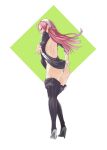  1girl absurdres ass back backless_outfit boots cherche_(fire_emblem) clothes_lift dress dress_lift fire_emblem fire_emblem_awakening high_heels highres lifted_by_self long_hair looking_at_viewer looking_back panties pink_eyes pink_hair pomelomelon solo thigh_boots thighhighs thighs underwear white_background white_panties 