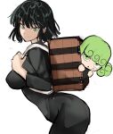  2girls arched_back bangs black_dress black_hair blunt_bangs box breasts chibi closed_mouth commentary dress eyebrows_visible_through_hair flipped_hair from_side fubuki_(one-punch_man) green_eyes green_hair highres kimetsu_no_yaiba large_breasts leaning_forward long_sleeves looking_at_viewer middle_finger multiple_girls one-punch_man parody parted_lips peeking_out rakeemspoon short_hair siblings simple_background sisters sketch tatsumaki white_background wooden_box 
