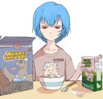  1girl :| absurdres andres_manuel_lopez_obrador ayanami_rei bangs beige_shirt blue_hair bowl breakfast casual cereal cereal_box closed_mouth clothes_writing eating furrowed_brow hair_between_eyes half-closed_eyes hand_up highres holding holding_carton indoors jaggy_lines light_blush light_frown looking_at_viewer milk milk_carton neon_genesis_evangelion pantsu-ripper politician politics print_shirt product_placement real_life real_life_insert red_eyes sad shade shirt short_hair short_sleeves solo spanish_text spill spoon straight-on t-shirt table upper_body white_background 