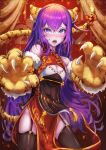  1girl absurdres alchemilla_menace animal_ears animal_hands black_legwear blush chinese_clothes chinese_new_year cyberlive embarrassed english_commentary garter_straps gloves highres long_hair lunarisbloom open_mouth paw_gloves purple_eyes purple_hair solo tail tail_ornament tiger_ears tiger_tail 
