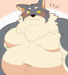  0119_muu 2022 anthro belly blush canid canine canis cute_fangs kemono male mammal moobs navel overweight overweight_male portrait simple_background solo wolf yellow_eyes 