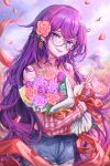 1girl absurdres alchemilla_menace blush bouquet cyberlive english_commentary flower glasses highres long_hair lunarisbloom petals pink_sweater purple_eyes purple_hair rose rose_petals shorts smile solo sweater valentine virtual_youtuber 