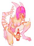  2015 alcohol anthro beer beverage bittertooth bottle bracelet breasts clothing dragon female hair horn jewelry kneeling long_hair long_tail looking_down nipples open_mouth panties pink_body pink_hair pink_scales scales scalie simple_background skinny solo spiked_tail spikes spikes_(anatomy) underwear 