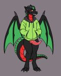  absurd_res anthro black_body bottomless clothed clothing dragon erection genitals green_clothing green_hoodie green_topwear hands_in_both_pockets hi_res hoodie horn knot male penis red_eyes scalie sharkiedude solo tapering_penis topwear wings 