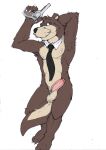  2022 anthro balls benson_(password) biped black_nose brown_body dakimakura_design erection genitals hi_res hopelesshighschool humanoid_genitalia humanoid_hands humanoid_penis lutrine male mammal mature_male mostly_nude mustelid necktie necktie_only nipples password_(visual_novel) penis simple_background solo video_games visual_novel weapon white_background 