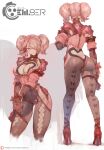  1girl armor ass bangs blue_eyes blush breasts brown_legwear cleavage_cutout clothing_cutout covered_navel cutesexyrobutts full_body gloves high_heels highres large_breasts long_hair looking_at_viewer multiple_views pantyhose pauldrons pink_gloves pink_hair shoulder_armor smile thighs twintails 