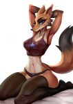  anthro blue_eyes breasts canid canine cleavage clothed clothing female fox hi_res johnfoxart legwear mammal panties scar shirt simple_background solo thigh_highs topwear underwear white_background 