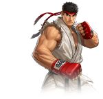  1boy belt black_belt black_eyes fighting_stance fingerless_gloves gloves headband japanese_clothes kimono male_focus muscular muscular_male official_art pectorals red_gloves red_headband ryu_(street_fighter) solo street_fighter street_fighter_v the_king_of_fighters the_king_of_fighters_all-stars thick_eyebrows torn torn_clothes torn_kimono white_kimono 