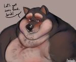  anthro black_body black_fur canid canine canis chubby_cheeks dewlap_(anatomy) dialogue domestic_dog double_chin english_text fur hi_res karrnade looking_at_viewer male mammal obese obese_anthro obese_male overweight overweight_anthro overweight_male shiba_inu smile solo spitz talking_to_viewer text 