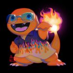  :d aquiboni black_background black_shirt charmander collared_shirt fangs fire flame_print full_body green_eyes hand_up highres looking_at_viewer open_mouth pokemon pokemon_(creature) shirt simple_background smile solo sunglasses tail tongue 