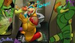  2022 abs absurd_res alligator alligatorid animatronic anthro anthro_on_anthro balls bathroom big_muscles big_penis bodily_fluids bow_tie breath claws clothing crocodilian cum cum_on_face cum_on_ground cum_on_shoulder cum_on_tongue cumshot cutaway devil_horns_(gesture) dialogue duo ear_piercing ear_ring ejaculation english_text erection eyebrows facial_markings five_nights_at_freddy&#039;s five_nights_at_freddy&#039;s:_security_breach foreskin fur genital_fluids genitals gesture glamrock_freddy_(fnaf) glass0milk glory_hole hair hat head_markings headgear headwear hi_res humanoid_genitalia humanoid_penis inside kneeling machine male male/male mammal markings mohawk montgomery_gator_(fnaf) muscular muscular_anthro muscular_male narrowed_eyes navel nipples non-mammal_balls non-mammal_nipples nude open_mouth open_smile pecs penis penis_grab piercing public_restroom reptile robot scalie scottgames sex shoulder_pads signature smile standing sweat teeth text toilet tongue tongue_out top_hat tuft ursid video_games 