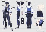  1boy animal_ears asymmetrical_gloves black_hair blue_eyes cat_boy cat_ears cat_tail character_sheet fingerless_gloves full_body gloves heterochromia highres indie_virtual_youtuber long_sleeves male_focus mori_(vtuber) nemui_mori official_art pale_skin tail virtual_youtuber yellow_eyes 