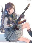  1girl backpack bag brown_eyes brown_hair daito gloves gun headphones headphones_around_neck headset_removed highres holding holding_gun holding_weapon long_hair looking_at_viewer military original pleated_skirt school_uniform sitting skirt solo sweater_vest weapon 