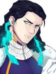  1boy 1hao_(@cerbero64) ahoge bara black_hair blue_eyes blue_hair commentary_request fate/grand_order fate_(series) gloves gradient_hair highres jacket long_hair looking_at_viewer male_focus mature_male multicolored_hair muscular muscular_male nikola_tesla_(fate) solo 