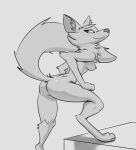  2021 anthro breasts butt canid canine digitigrade female fluffy fluffy_tail fox glistening glistening_butt hand_on_leg hand_on_thigh hi_res inner_ear_fluff looking_back mammal monochrome nipples nude pose schmutzo simple_background solo tuft white_background 