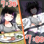  1girl alternate_costume alternate_hairstyle bacon bangs bed black_hair black_shorts blunt_bangs blush breakfast breasts closed_eyes commentary_request dameyoshi demon_girl demon_horns demon_tail double_bun drooling eyebrows_visible_through_hair food fried_egg grey_shirt highres holding holding_spoon horns kojo_anna long_hair medium_breasts mouth_drool multicolored_hair open_mouth pillow pointy_ears purple_hair shirt short_hair shorts sleeping sleepwear spoon sugar_lyric tail timestamp toast two-tone_hair upper_body virtual_youtuber 