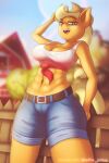  abs animal_humanoid anthro applejack_(mlp) athletic belt big_breasts blonde_hair bottomwear breasts butt clothed clothing denim denim_clothing digital_media_(artwork) earth_pony equid equid_humanoid equine equine_humanoid farm female fence freckles friendship_is_magic green_eyes hair hasbro hat headgear headwear hi_res horse humanoid jeans looking_at_viewer mammal mammal_humanoid my_little_pony navel open_mouth pants patreon pony shad0w-galaxy shirt shorts smile solo t-shirt text thick_thighs tied_shirt topwear 