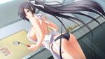  1girl apron arched_back ass bangs black_hair black_panties blush bow breasts chopsticks covered_nipples dutch_angle floating_hair game_cg hair_between_eyes hair_bow hatozuki_tsumiki high_ponytail holding holding_chopsticks kashiwagi_narumi kitchen large_breasts long_hair looking_at_viewer nearly_naked_apron open_mouth panties red_eyes shiny shiny_hair shoulder_blades sideboob solo soukoku_no_arterial standing underwear very_long_hair white_apron white_bow 