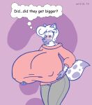  2019 anthro big_breasts blush bottomwear breasts clothing digital_media_(artwork) english_text female fur hand_on_breast hi_res huge_breasts hyaenid hyper hyper_breasts jacqui_(satsumalord) mammal nipple_outline pants satsumalord sketch solo spots spotted_body spotted_fur spotted_hyena sweater text thought_bubble topwear 
