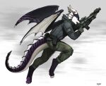  2022 anthro bottomwear clothing digitigrade dragon gradient_background gun hi_res hoodie horn male open_mouth pants pgm300 ranged_weapon signature simple_background solo topwear weapon wings 