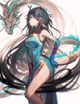  1girl arknights arm_tattoo bead_bracelet beads black_hair bracelet breasts china_dress chinese_clothes colored_skin dragon dragon_girl dragon_horns dragon_tail dress dusk_(arknights) dusk_(everything_is_a_miracle)_(arknights) ear_piercing feet_out_of_frame green_hair green_skin hand_on_hip highres horns jewelry looking_at_viewer medium_breasts multicolored_hair no_panties official_alternate_costume piercing pointy_ears red_eyes sleeveless sleeveless_dress solo streaked_hair tail tattoo veilrain white_background 