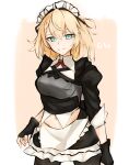  1girl absurdres apron aqua_eyes armor bangs black_gloves blonde_hair character_name closed_mouth commentary_request cowboy_shot fingerless_gloves g36_(girls&#039;_frontline) girls&#039;_frontline gloves hair_between_eyes highres long_hair looking_at_viewer maid maid_headdress mod3_(girls&#039;_frontline) navel ozeu0916 pantyhose smile solo 