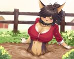  5:4 anthro big_breasts black_body black_fur black_hair blue_eyes blush bra breasts canid canine canis cleavage clothed clothing crossgender eyebrow_through_hair eyebrows female fence fur gloves grass guntz hair handwear jacket kemono klonoa_(series) mammal mtf_crossgender mud navel neck_tuft plant quicksand shirasiyuki sinking solo tan_body tan_fur topwear translucent translucent_hair tuft underwear video_games wolf 