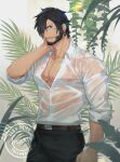  00047 1boy bara beard black_hair blue_eyes closed_mouth commentary facial_hair highres large_pectorals long_sideburns looking_at_viewer male_focus mature_male muscular muscular_male original pectoral_cleavage pectorals shirt short_hair sideburns solo wet wet_clothes white_shirt 