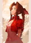  1girl aerith_gainsborough arms_behind_back black_ribbon bow braid braided_ponytail breasts brown_hair choker cleavage closed_mouth collarbone dress final_fantasy final_fantasy_vii frown green_eyes hair_bow hair_intakes jacket long_hair looking_up medium_breasts nasubin_(user_tjyp5584) open_clothes open_jacket pillarboxed pink_dress red_bow red_jacket ribbon ribbon_choker short_sleeves sketch solo standing wing_collar 
