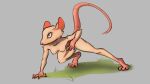  2021 4_fingers 4_toes angry anthro breasts feet female fighting_pose fingers fur grass grey_background hi_res mammal murid murine nipples nude pink_body pink_ears pink_nose pink_tail plant pose rat rodent schmutzo shadow simple_background small_breasts solo toes white_body white_fur 