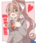  1girl bow brown_hair doki_doki_literature_club eromame green_eyes heart long_hair monika_(doki_doki_literature_club) one_eye_closed ponytail ribbon smile white_bow 