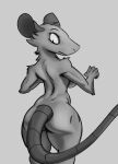  2021 5_fingers anthro breasts butt concerned female fingers grey_background hi_res looking_back mammal monochrome murid murine nude portrait rat rear_view rodent schmutzo shaded simple_background solo three-quarter_portrait 