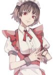  1girl alternate_costume apron brown_hair enmaided frilled_apron frills highres maid maid_apron maid_headdress niijima_makoto persona persona_5 puffy_short_sleeves puffy_sleeves red_eyes sabakawa short_hair short_sleeves solo white_apron wrist_cuffs 