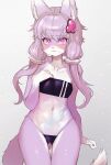  1girl absurdres animal_ear_fluff animal_ears ass_visible_through_thighs body_fur fox_ears fox_girl fox_tail furrification furry furry_female gris_swimsuit hair_ornament hand_on_own_chest highres long_hair meme_attire navel one-piece_swimsuit onikuman pink_eyes purple_hair see-through solo swimsuit tail thigh_gap thighs voiceroid yuzuki_yukari 