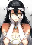  1girl :d ahoge albedo_(overlord) bangs black_hair breasts cleavage detached_collar gloves grey_background hair_between_eyes horns large_breasts long_hair nasubin_(user_tjyp5584) overlord_(maruyama) shiny shiny_hair slit_pupils smile solo upper_body very_long_hair white_gloves yellow_eyes 