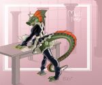  2018 agamid anthro black_clothing black_legwear black_stockings black_topwear butt cleaning cleaning_rag clothed clothing crossdressing desk detailed_background digital_media_(artwork) fog_panther frill_(anatomy) frilled_lizard furniture girly green_body green_eyes green_skin inside legwear lizard looking_at_viewer maid_apron maid_headdress maid_uniform male no_underwear pink_background rear_view reptile scalie scalio_(character) sharp_teeth simple_background smile solo standing stockings table teapot teeth toeless_legwear toeless_stockings topwear uniform white_ribbon 