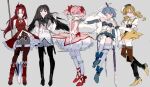  5girls akemi_homura bare_shoulders black_hair blue_hair boots bow_(weapon) bubble_skirt cutlass_(sword) drill_hair gomibaketsu3 grin gun high_heels highres kaname_madoka long_hair magical_girl mahou_shoujo_madoka_magica miki_sayaka multiple_girls musket pantyhose polearm sakura_kyouko short_hair simple_background skirt smile spear sword thighhighs tomoe_mami twin_drills weapon 