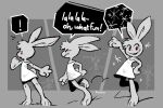  anthro clothed clothing dress english_text exclamation_point female happy hi_res lagomorph leporid looking_at_viewer mammal off_shoulder panken rabbit skipping smile solo speech_bubble text vib-ribbon vibri 