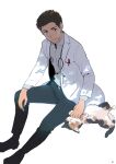  1boy belt bigur black_belt black_footwear black_pants blue_eyes cat closed_mouth coat commentary_request doctor highres long_sleeves male_focus original pants shirt shoes sitting smile veterinarian white_coat white_shirt 