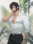  00047 1boy bara beard black_hair blue_eyes closed_mouth commentary facial_hair highres large_pectorals long_sideburns looking_at_viewer male_focus mature_male muscular muscular_male original pectoral_cleavage pectorals shirt short_hair sideburns solo white_shirt 