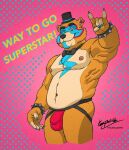  2022 anthro bodypaint bow_tie bracelet bulge chubby_anthro chubby_male claws clothing colored_nails ear_piercing face_paint five_nights_at_freddy&#039;s five_nights_at_freddy&#039;s:_security_breach glamrock_freddy_(fnaf) hat headgear headwear jewelry jockstrap kaiipwilde_(artist) looking_at_viewer male mammal mostly_nude nails navel nipples one_eye_closed painted_claws piercing pink_background raised_arm scottgames simple_background slightly_chubby small_hat smile solo spiked_bracelet spikes standing star text underwear ursid video_games wink 