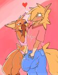  &lt;3 2022 anthro artist_name blush brown_body brown_fur canid canine cheek_tuft clothed clothing digital_media_(artwork) dipstick_ears duo equid equine erection facial_tuft female fox fur gloves_(marking) hi_res highlights_(coloring) horse jodia_(zhanbow) male mammal markings midriff multicolored_ears open_mouth orange_body orange_fur pink_background shirt simple_background standing t-shirt text topwear tuft url zander_(zhanbow) zhanbow 