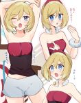  1girl armpits bare_shoulders blonde_hair blue_eyes breasts haru_(haruxxe) highres irida_(pokemon) medium_breasts multiple_views open_mouth pokemon pokemon_(game) pokemon_legends:_arceus short_hair shorts white_shorts 